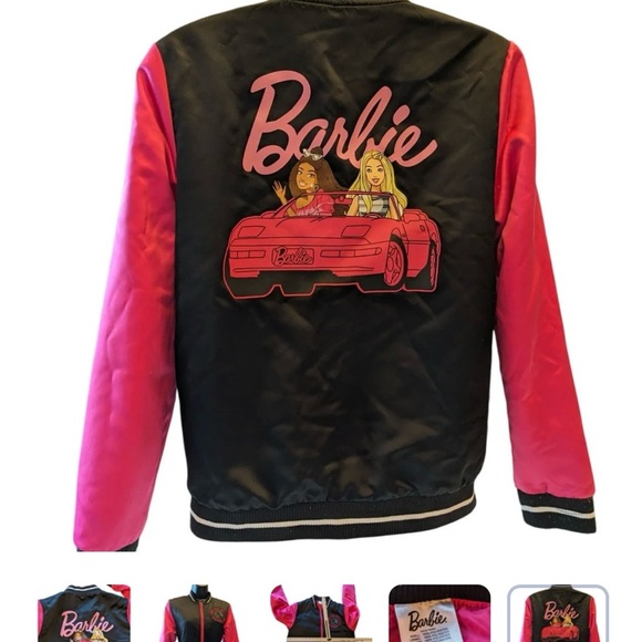 Barbie Bomber Jacket Small Limited Edition Satin Varsity Black Pink - Picture 1 of 6